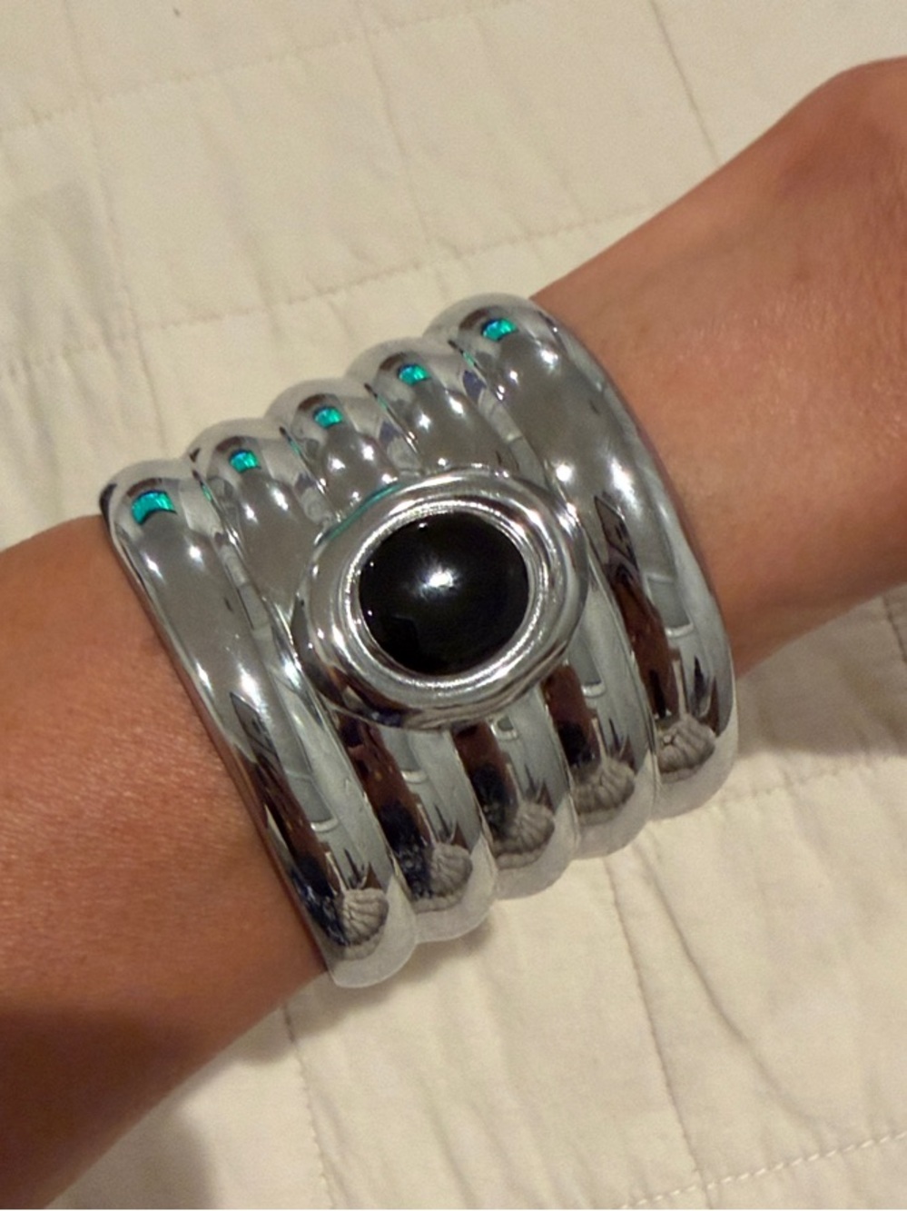 Heaven Mayhem Silver Tone Bangle Bracelet cuff with Black Stone Accent